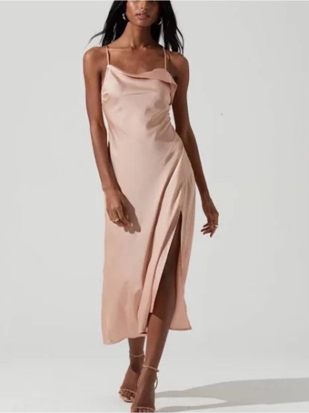 Astr Blush Slip Midi Dress with Cowl Neck
